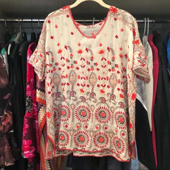 Johnny Was Tops - Johnny Was, grey and red embroidered, Size S